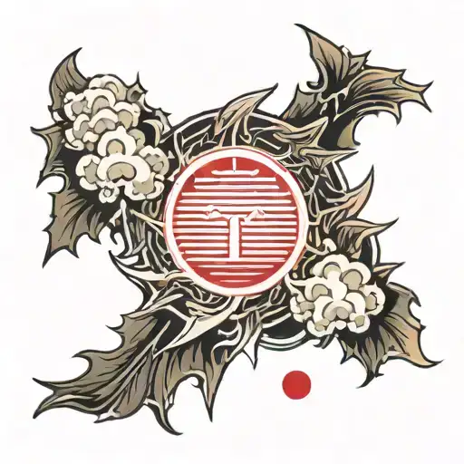 Background: The tattoo's background features a bold and vibrant Japanese rising sun (Hinomaru) in red. The sun should ha tattoo design idea