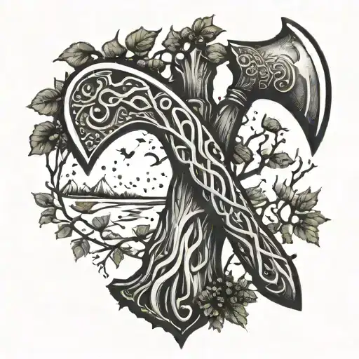 A viking axe morphing into tree branches symbolizing the connection between nature and strength tattoo design idea
