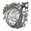 A viking axe morphing into tree branches symbolizing the connection between nature and strength tattoo design idea