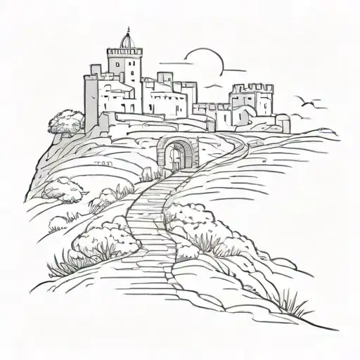 A minimalist tattoo of a trail leading to a Spanish castle, with a runner on the path tattoo design idea