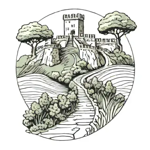 A minimalist tattoo of a trail leading to a Spanish castle, with a runner on the path tattoo design idea