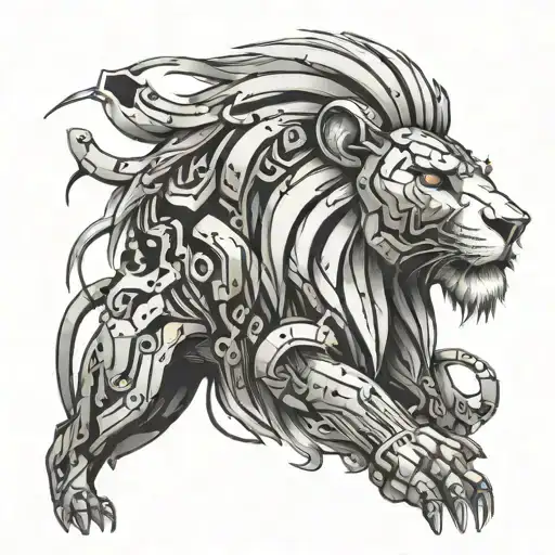 Futuristic lion with cybernetic enhancements and A.I. symbols tattoo design idea