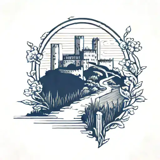 A minimalist tattoo of a trail leading to a Spanish castle, with a runner on the path tattoo design idea