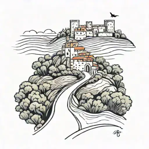 A minimalist tattoo of a winding road leading to a Spanish castle, with a runner silhouette on the path tattoo design idea