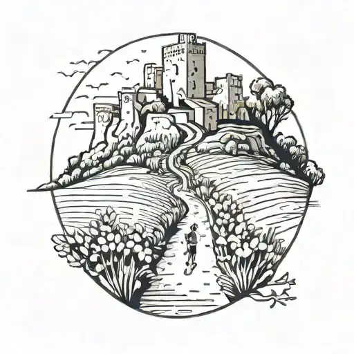 A minimalist tattoo of a trail leading to a Spanish castle, with a runner on the path tattoo design idea