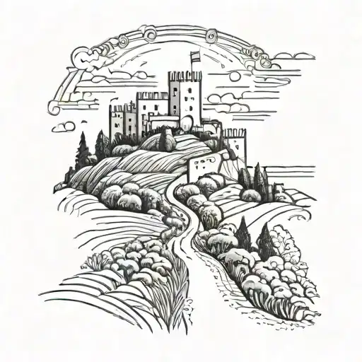 A minimalist tattoo of a trail leading to a Spanish castle, with a runner on the path tattoo design idea