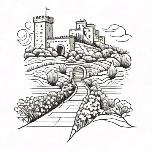 A minimalist tattoo of a trail leading to a Spanish castle, with a runner on the path tattoo design idea