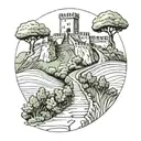 A minimalist tattoo of a trail leading to a Spanish castle, with a runner on the path tattoo design idea