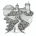 A minimalist tattoo of a trail leading to a Spanish castle, with a runner on the path tattoo design idea