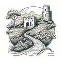 A minimalist tattoo of a trail leading to a Spanish castle, with a runner on the path tattoo design idea