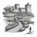 A minimalist tattoo of a trail leading to a Spanish castle, with a runner on the path tattoo design idea