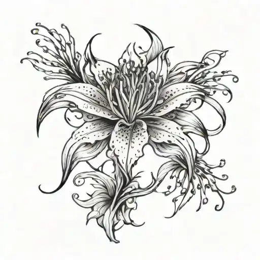 An intricate tattoo featuring a red spider lily flower blooming from the number 86, representing transformation and new beginnings tattoo design idea