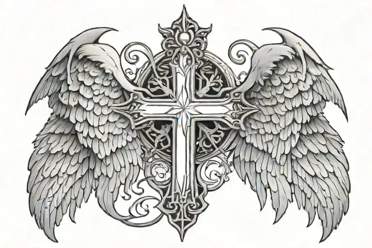 cross with demon and angel wings tattoo design idea