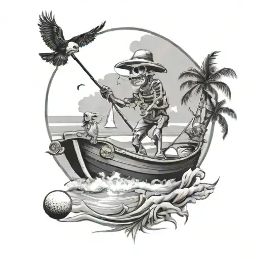 tropical, skeleton, golf swing, bird, boat, beach tattoo design idea