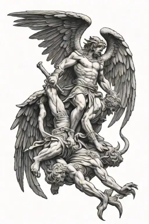 saint michael stepping on lucifers head while lucifer is begging for mercy  tattoo design idea