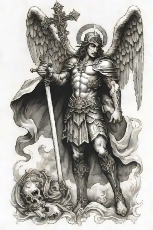 saint michael holding the cross after  defeating lucifer and all of his demons tattoo design idea