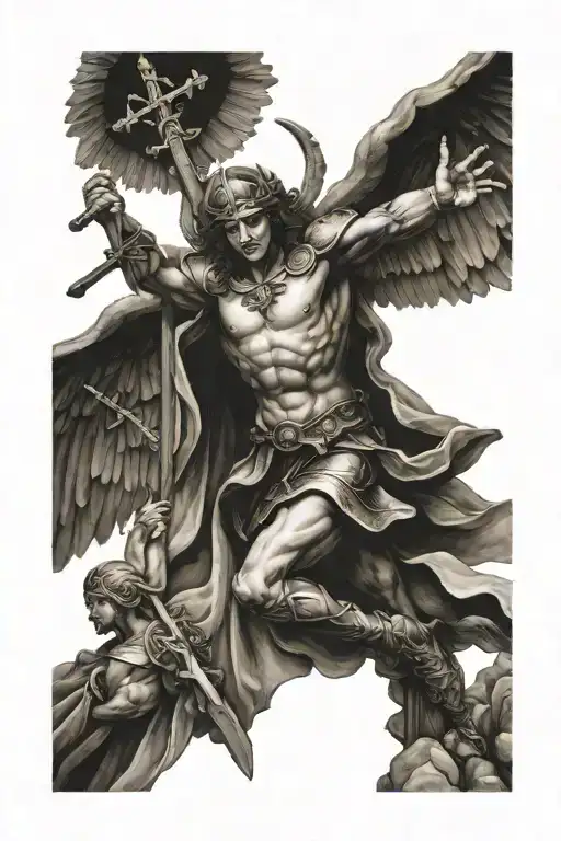 saint michael holding the cross after  defeating lucifer and all of his demons tattoo design idea