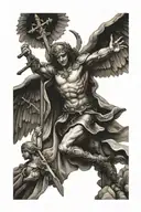 saint michael holding the cross after  defeating lucifer and all of his demons tattoo design idea