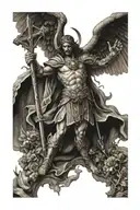 saint michael holding the cross after  defeating lucifer and all of his demons tattoo design idea