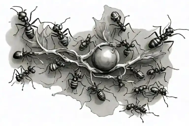 A realistic black and grey tattoo of ants crawling in a line, with tiny musical instruments scattered among them tattoo design idea