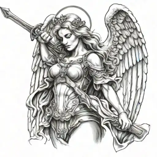 female arch angel holding a sword tattoo design idea