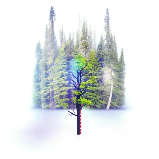 A serene forest scene with a hidden beer bottle tattoo design idea