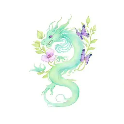 long chinese dragon with blue and purple flowers and butterfly  tattoo design idea