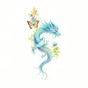 long chinese dragon with blue and purple flowers and butterfly  tattoo design idea