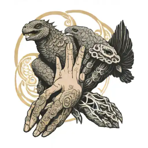 four hands in the middle, one scaly, one webbed, one normal, and one small tattoo design idea