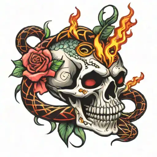 Flaming skull head snake rose combo  tattoo design idea