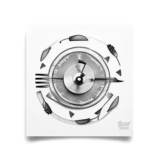 A vinyl record spinning with a fork and knife as the needle tattoo design idea