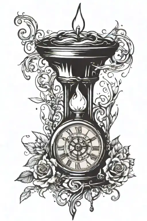 a candle with a clock inside on top of a eye melting  tattoo design idea