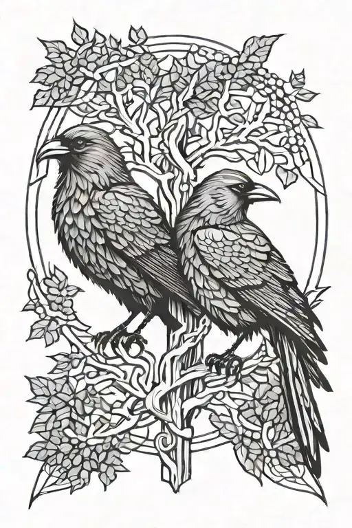 odin ravens with tree intertwined tattoo design idea