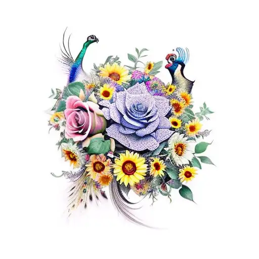 mix of sunflowers, roses, jasmine flowers, vines, bleeding heart flowers and pheasant and peacock fea tattoo design idea