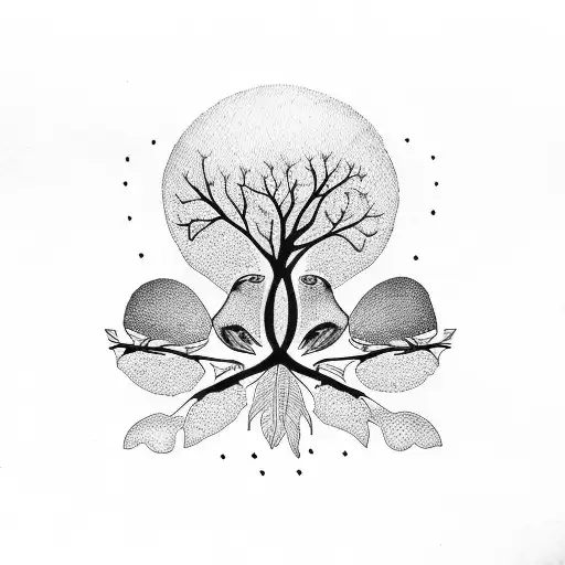 tree branch with three birds and a red heart tattoo design idea