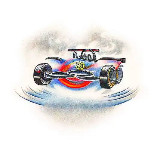 A traditional-style tattoo of a classic sports car racing on a track with checkered flags and flames. tattoo design idea