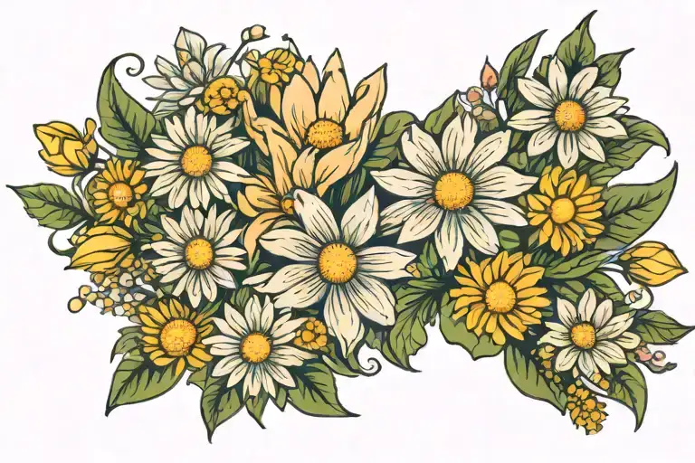 bouquet with daisy, waterlilly, daffodill tattoo design idea