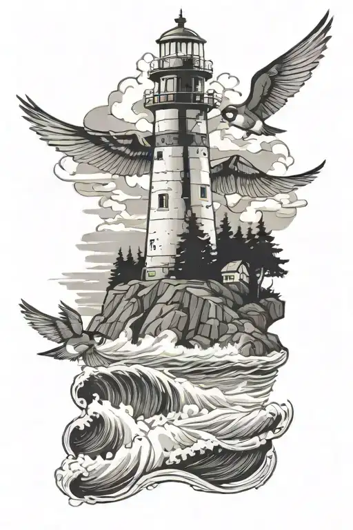 swallow steep rocky coast crashing waves evergreen trees light house  tattoo design idea