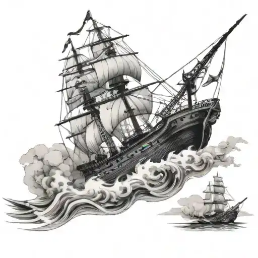 Two wooden warships fighting, with rows of canons fireing while sailing in dramatic seas tattoo design idea