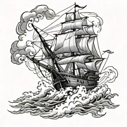 Ship Victory with canons fireing while sailing in rough seas tattoo design idea