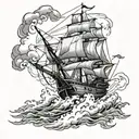 Ship Victory with canons fireing while sailing in rough seas tattoo design idea