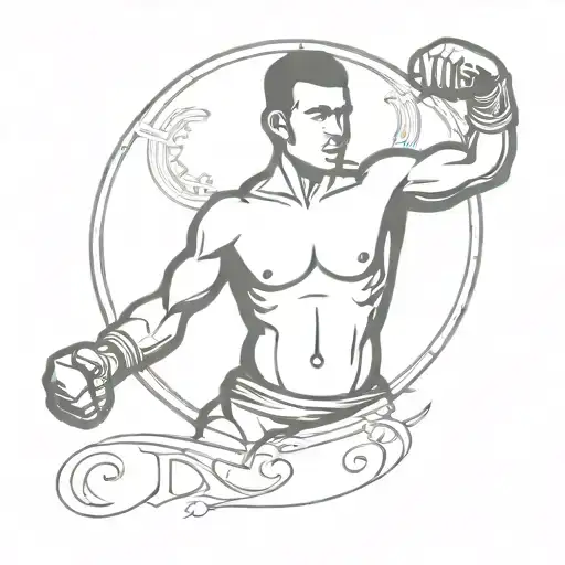 traditional Indonesian mUay Thai fighter as silhouette and around circle symbols Computer, F and C tattoo design idea