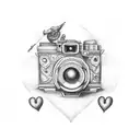 camera, Emerald, Athena, Cameleon, 3 hearts tattoo design idea