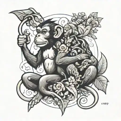 a monkey and a fish interacting together tattoo design idea