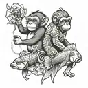 a monkey and a fish interacting together tattoo design idea