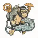 a monkey and a fish interacting together tattoo design idea