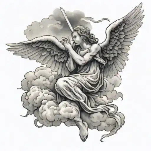angel in the clouds that says fear god not them tattoo design idea