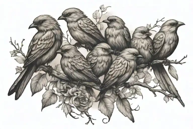 3 birds on a branch with 4 birds flying away tattoo design idea