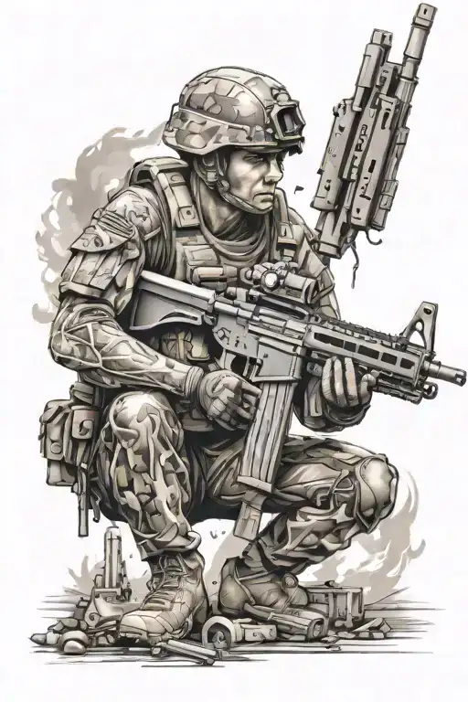 Create a detailed half sleeve tattoo of an Army soldier in action, surrounded by military equipment like machine guns and tanks tattoo design idea