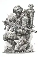 Create a detailed half sleeve tattoo of an Army soldier in action, surrounded by military equipment like machine guns and tanks tattoo design idea